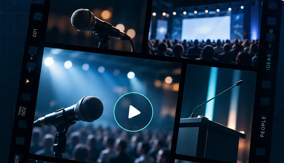 Stylized film-strip collage with microphones, a speaking stage, and video-play cues