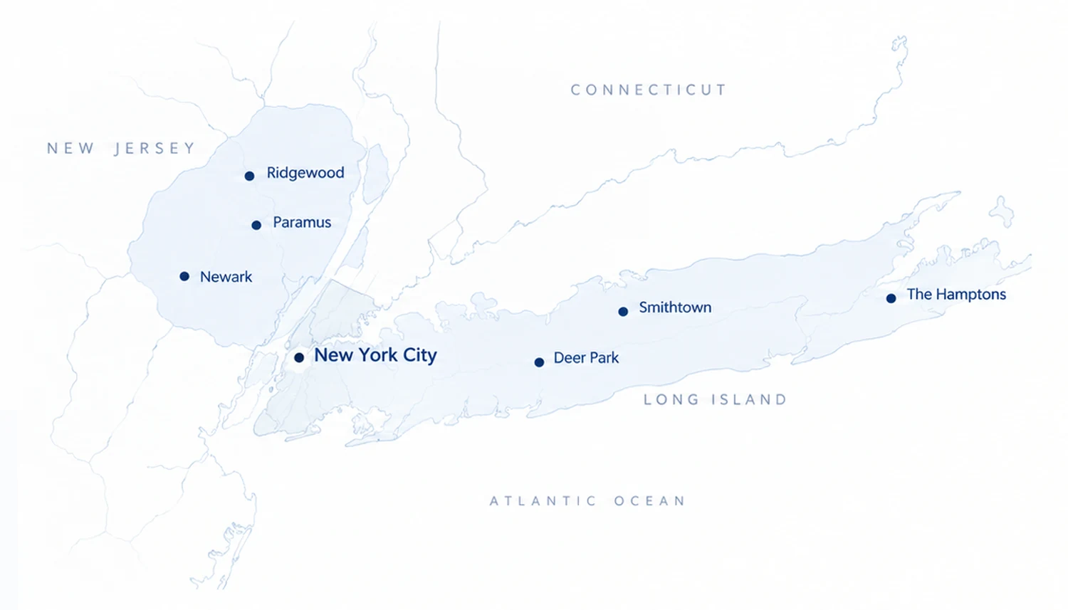 Coverage illustration showing Northern New Jersey, New York City and Long Island, with representative locations including Ridgewood, Paramus, Newark, Smithtown, Deer Park and the Hamptons.